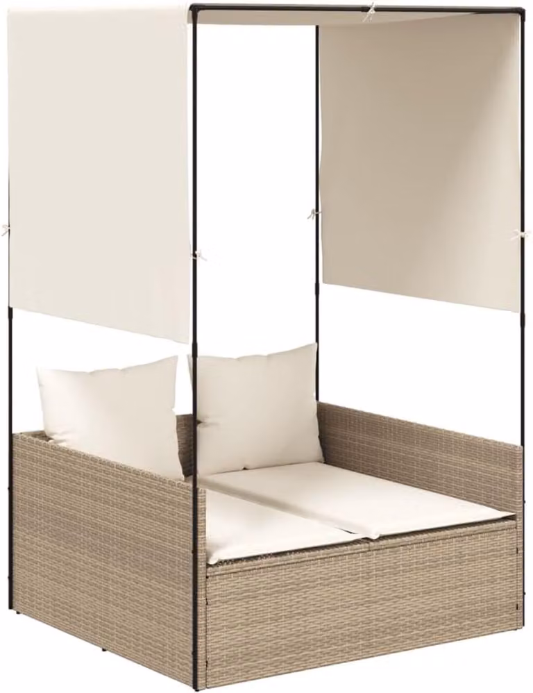 2-zits outdoor dagbed met luifel en gordijnen, PE-rotan terrasbed met afneembare wasbare kussens voor in de tuin