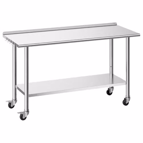 VEVOR Roestvrijstalen Werktafel met Onderblad en Wielen, Zilver, B/D/H: 152,4 x 61,0 x 89,4 cm