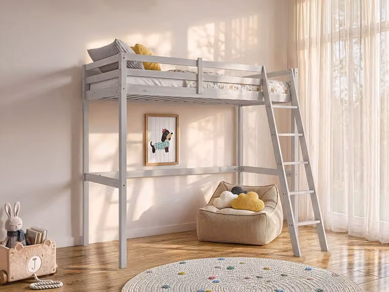 Vente-unique Hoogslaper voor kinderen van massief grenen, wit, 90 x 190 cm