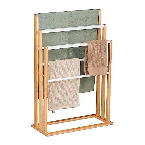 Relaxdays Handdoekenrek bamboe vrijstaand, wit/beige, H x B x D: 82 x 55 x 24 cm