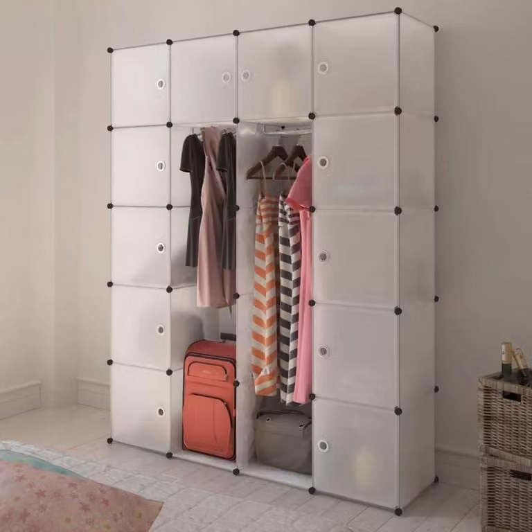 Modulaire opvouwbare kledingkast met deuren en open schappen, Wit, Hoogte: 180 cm