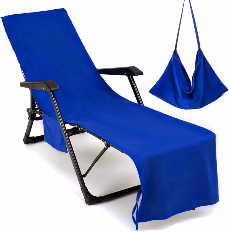 Donkerblauwe microvezel strandstoelhoes met zakken, B/D/H: 215 x 75 cm