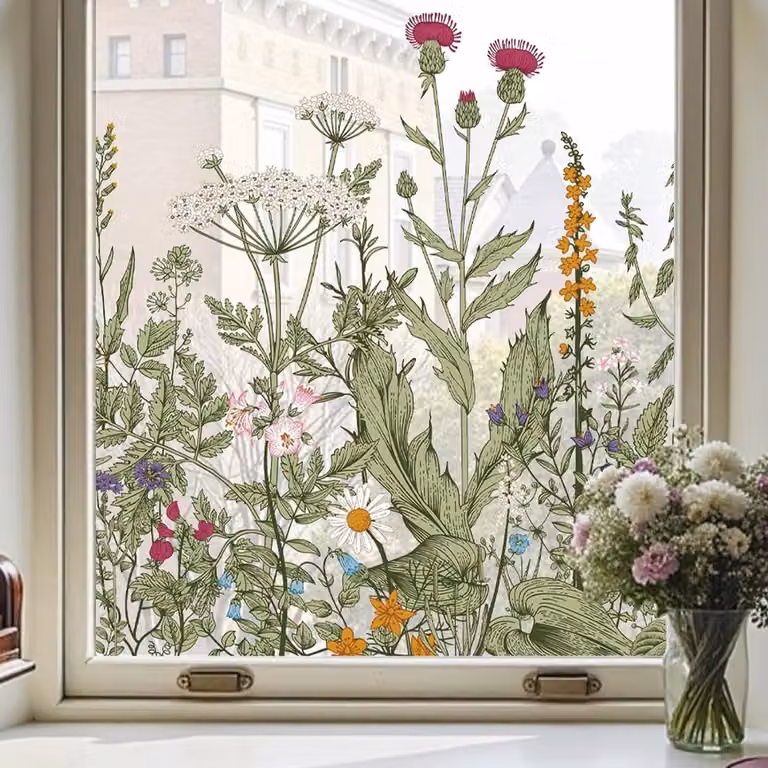 Raamfolie Botanisch met Wildbloemen - Decoratieve Statisch Hechtende Raamfolie - 44 x 200 cm