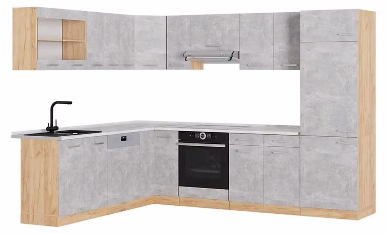 Vicco R-Line Hoekkeuken Beton/Goudkleurig Eiken met Marmeren Werkblad, Model 53525, 287 x 227 cm