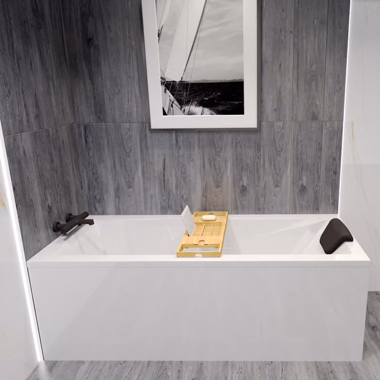 Badland Modern Badkuip rechthoekig met afvoerkit, poten, zwart acrylscherm, bamboe houten plank en hoofdsteun, B/D: 120 x 70 cm