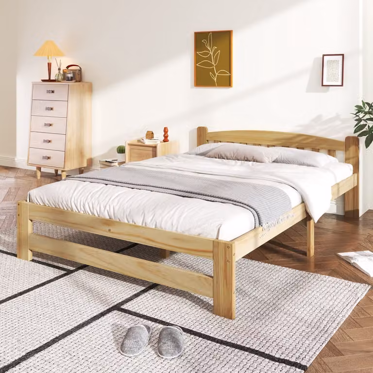 Sweiko Massief Houten Futon Tweepersoonsbed met Hoofdeinde en Platte Noedelslijst, Natuurlijk, B/D/H: 140 x 200 cm