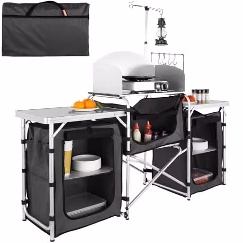 VEVOR Campingkeukentafel, inklapbare aluminium outdoor kooktafel met 3 kastjes en afneembaar windscherm, zwart