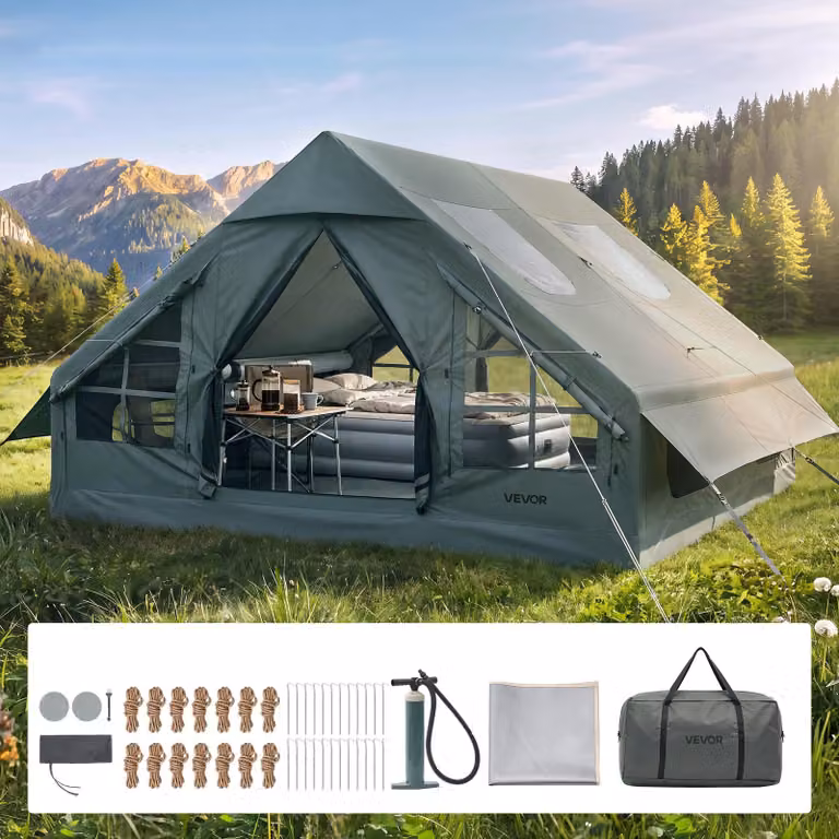 VEVOR Opblaasbare campingtent voor 5-8 personen, groen, waterafstotend 420D Oxford-materiaal met dakraam, muggengaas en draagtas