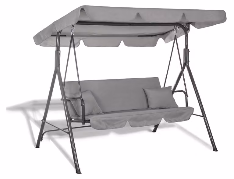 Springos Luna 3-zits Schommelbank met Verstelbare Luifel en 2 Kussens, Grijs, B/D/H: 170 x 110 x 150 cm