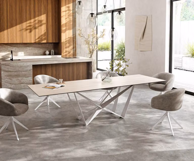 DELIFE Eettafel Edge uitbreidbaar met keramisch blad in Travertino Bianco Creme-wit en wit metalen onderstel, B: 300 cm, D: 100 cm, H: 76 cm