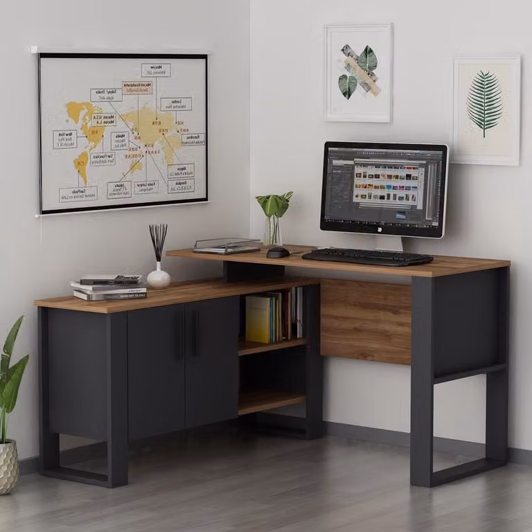 Antraciet Briarsmoke Hoekbureau met planken - L-bureau computerbureau - Breedte: 120 cm, Diepte: 50 cm