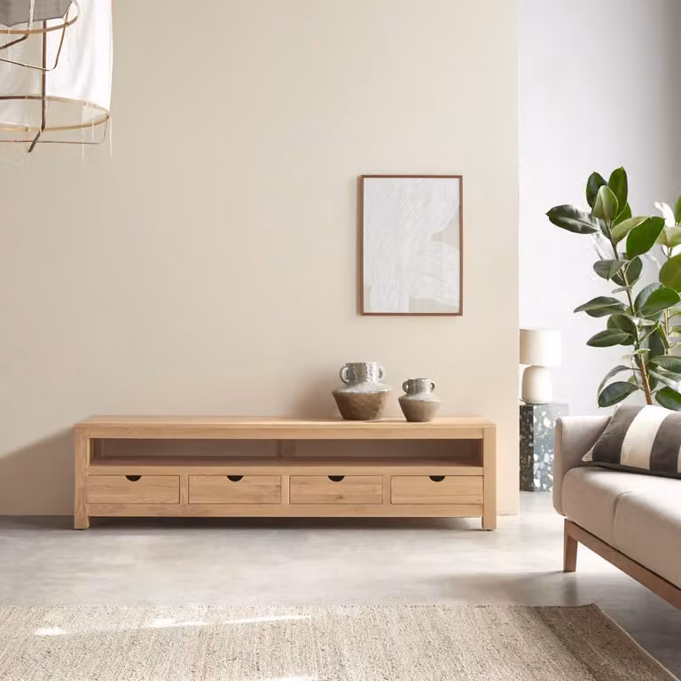 Tikamoon Oliver Massief Eiken Houten Tv-meubel - Beige/Bruin - Breedte: 200 cm, Diepte: 45 cm, Hoogte: 50 cm