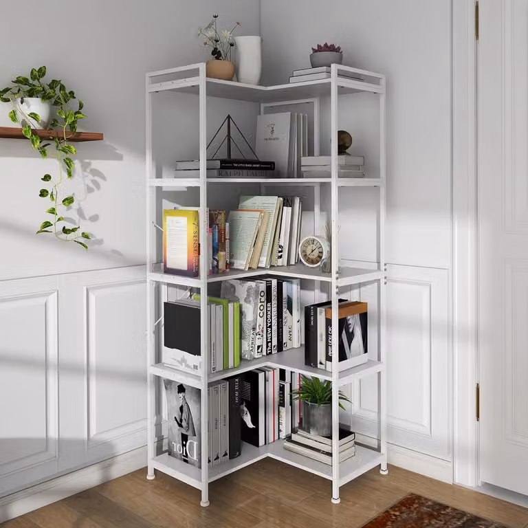 5-laagse moderne hoekboekenkast met open planken in wit metaal voor de woonkamer, slaapkamer of het kantoor