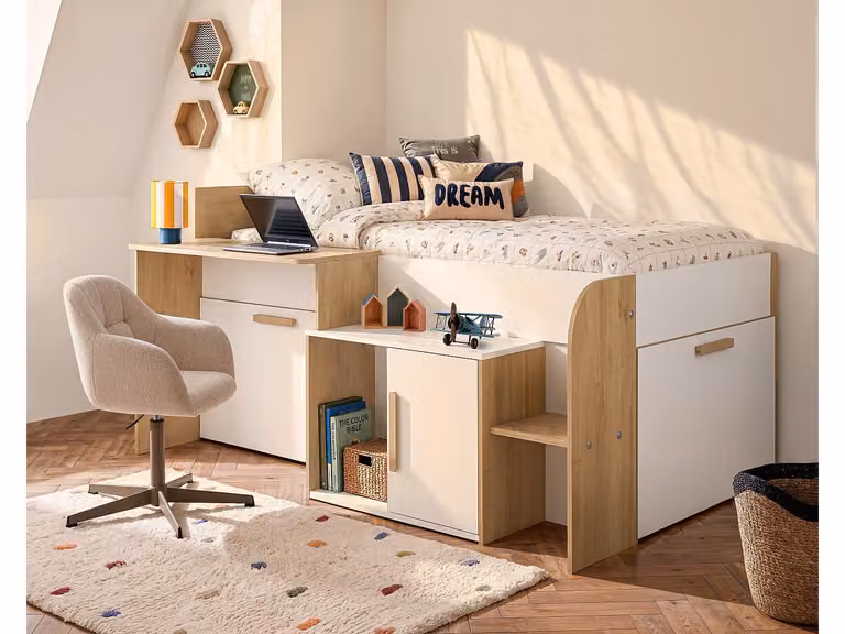 PEDRO Combinatiebed voor kinderen met bureau, opbergruimte en matras, Wit, 90 x 200 cm