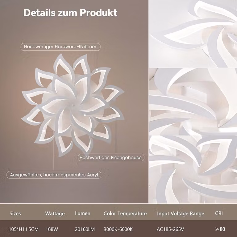 LTPRTZ Moderne Dimbare Slimme LED-plafondlamp met Afstandsbediening, Witte Ronde Kroonluchter voor Woonkamer en Slaapkamer, Ø105cm, 168W