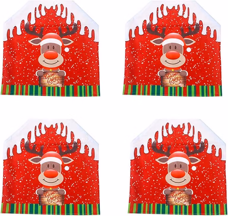 Set van 4 Kerst Stoelhoezen voor Eetkamerstoelen - Santa, Eland en Sneeuwpop Thema
