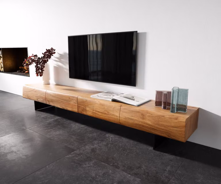 DELIFE TV-meubel New Live-Edge in acacia hout en metaal, Bruin/Zwart, B: 240 cm, D: 40 cm, H: 60 cm