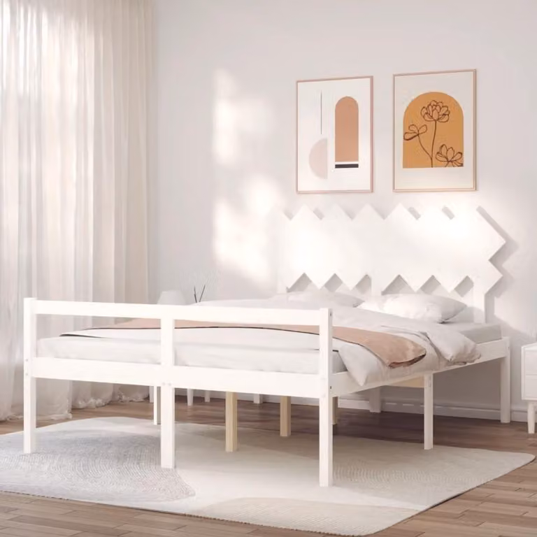Wit houten bedframe met hemelbed van massief hout, 140 x 190 cm