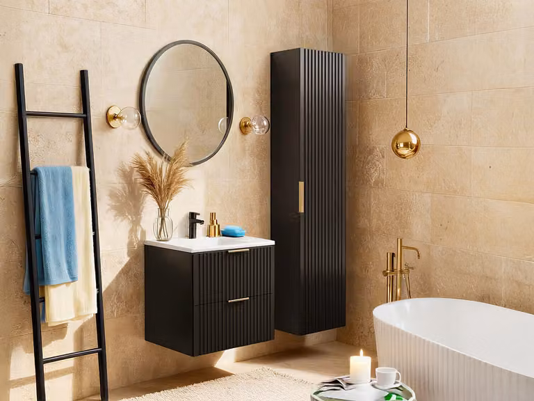 ZEVARA Geribbeld hangmeubel voor badkamer met inbouwwastafel en kolom, zwart/wit, Breedte: 60 cm, Diepte: 46 cm, Hoogte: 57 cm
