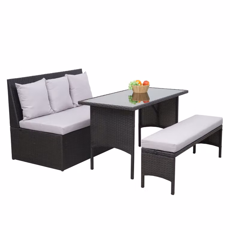 Mendler Poly-Rattan tuin- en loungeset HWC-G16 zwart met lichtgrijze kussens voor 2 personen