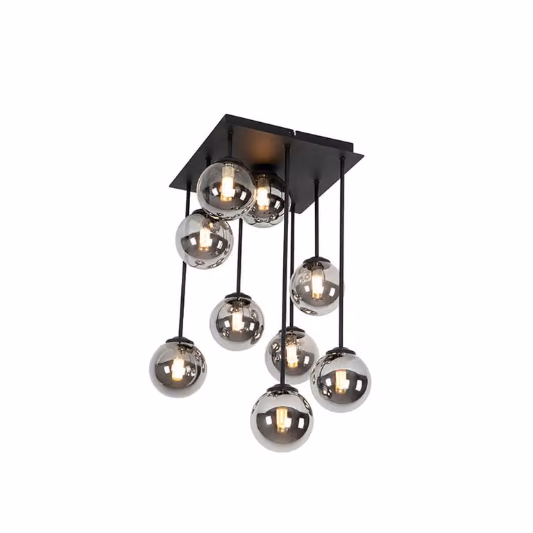 Qazqa Moderne Plafondlamp Athens - Zwart - 9-lichts - Grijs Glas