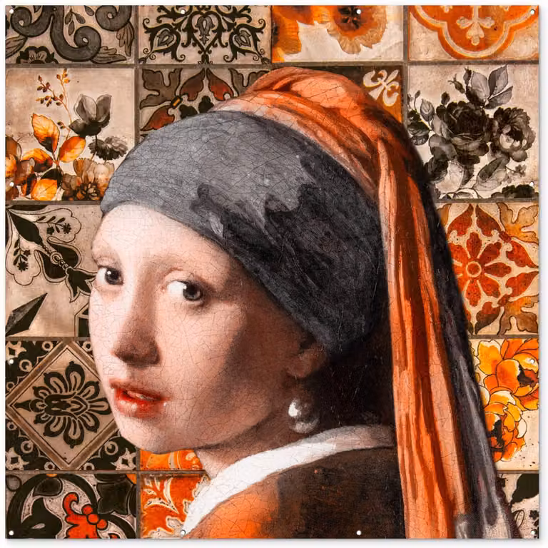 Tuinposter Meisje met de parel - Tuindecoratie in Oranje en Zwart - Buitendecoratie voor de schutting of tuin - 200 x 200 cm
