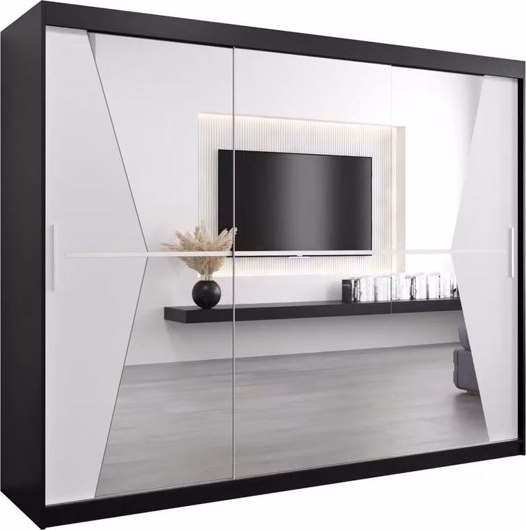 InspireMe TOTO 250 Kledingkast met 3 schuifdeuren, Spiegel en 4 Lades, Zwart Mat en Wit Mat, B: 250 cm, H: 200 cm, D: 62 cm