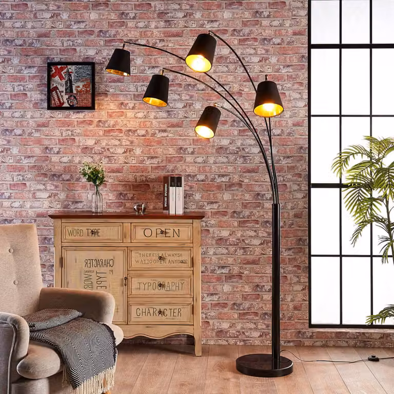 Lindby Booglamp Tinne Modern Vloerlamp met 5 E14 Lampen in Zwart en Goud met Marmeren en Textiele Details