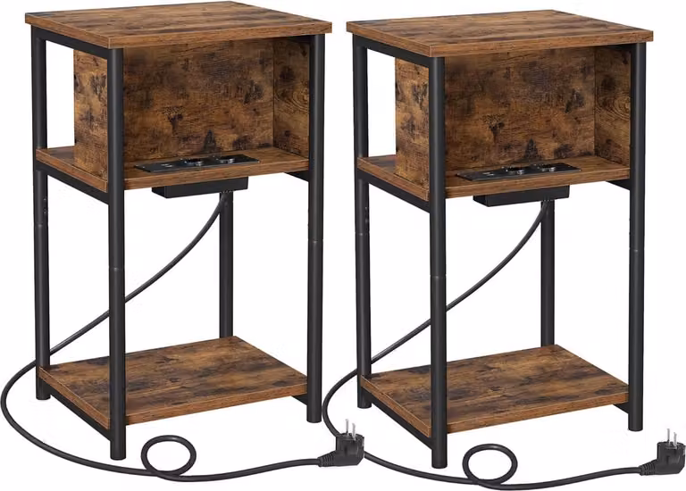 FurnStar Bijzettafel Set van 2 - Nachtkastje met 2 AC-aansluitingen en 2 USB-poorten - Vintage bruin-Zwart - B/D/H: 30 x 34 x 58 cm
