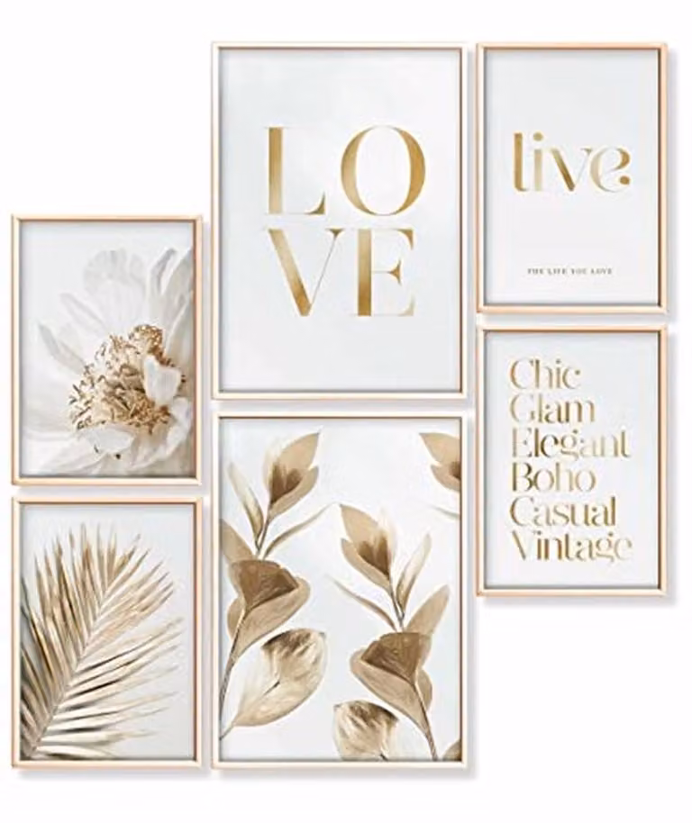 Moderne Posterset Elegante Gouden Liefde met Ingelijste Prints B/D/H: 30 x 42 cm en 21 x 30 cm