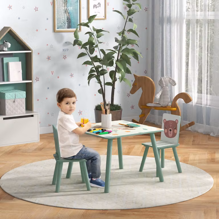 ZONEKIZ Zitgroep voor kinderen met 1 tafel en 2 stoelen, groen met dierenmotief