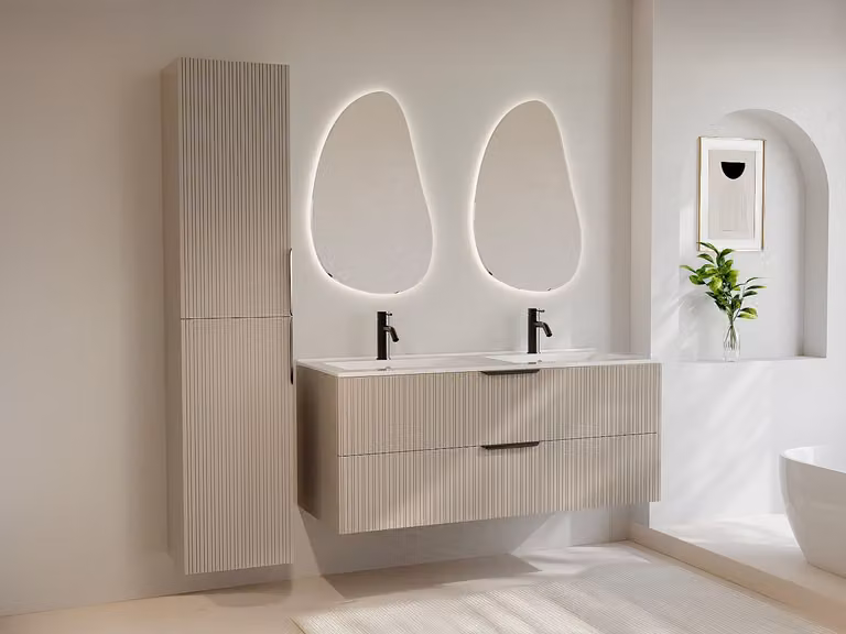 DALIKO Zwevend badkamermeubel met ribbelstructuur, inbouwwastafel en kast, Beige, Breedte: 120 cm