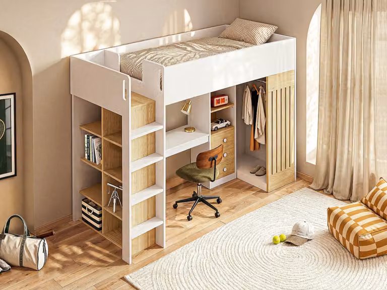 LORINTI Hoogslaper voor kinderen met bureau en hangkast inclusief matras - Wit en naturel - B/D/H: 90 x 190 cm