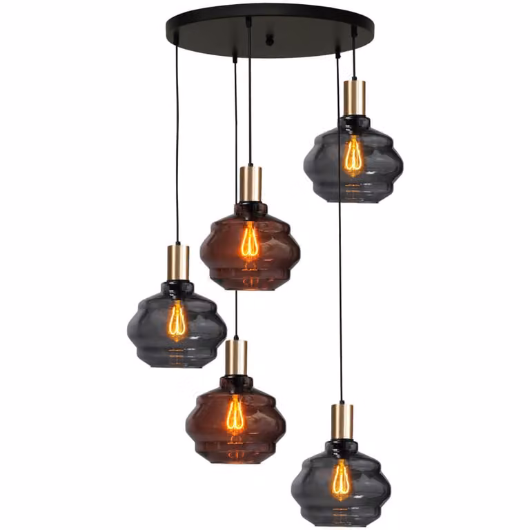Masterlight Porto 5-lichts vide hanglamp met glazen bollen in goud/messing