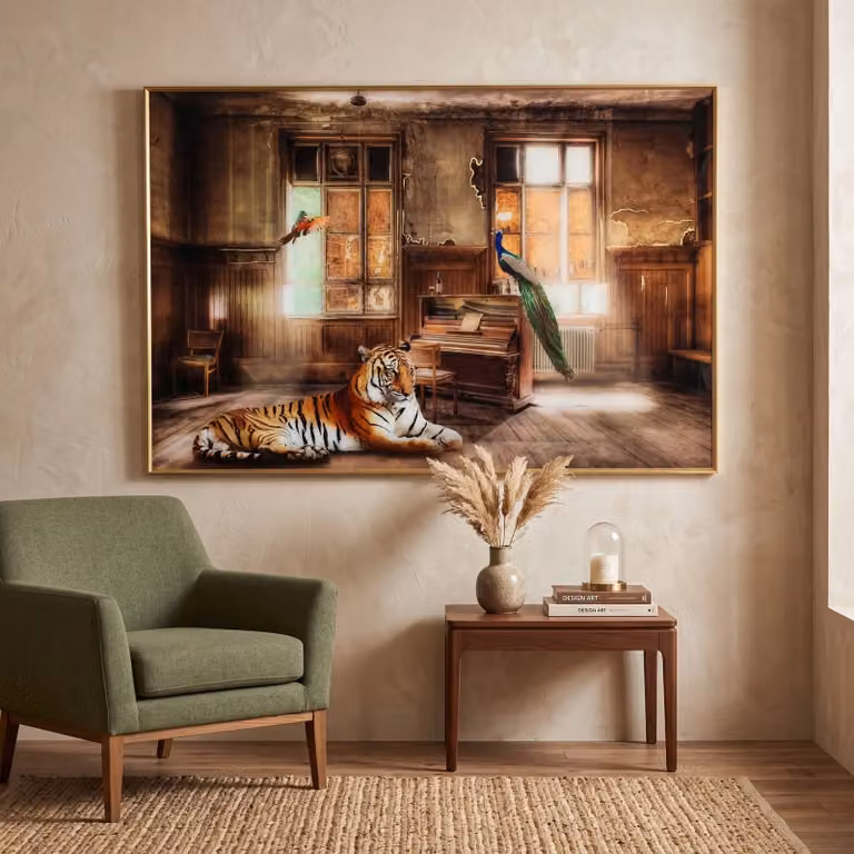 Melani Glass schilderij verlaten huis, abstracte wanddecoratie in goud en bruin, B: 120 cm, H: 80 cm