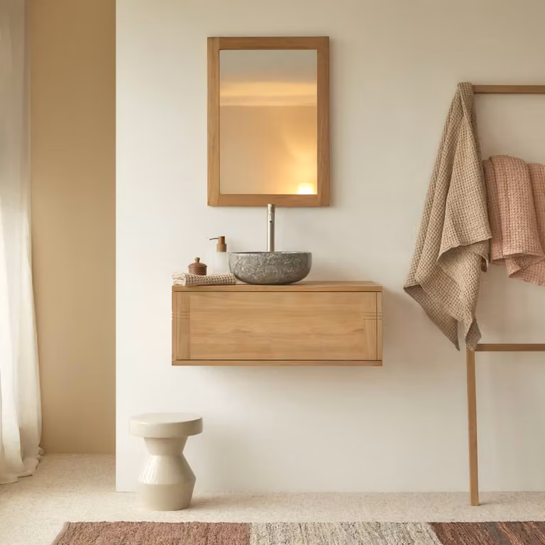 Tikamoon Modern Wandgemonteerd Wastafelmeubel van Massief Teak - Bruin - B: 80 cm, D: 40 cm, H: 30 cm