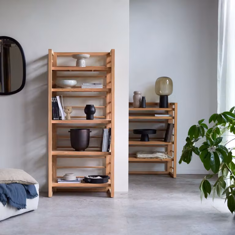Tikamoon Hoge boekenkast van massief teakhout - Naturel - Hoogte: 180 cm