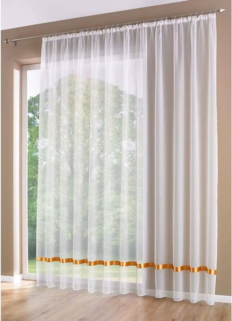 Transparant voile gordijn met potloodplooi in oranje lint, 300 x 225 cm
