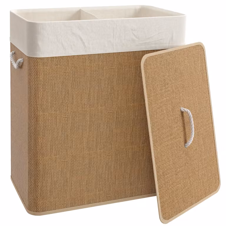 HOMCOM Bamboe Wasmand 100L met Afneembaar Deksel en Machinewasbare Zak, Bruin, B: 52 cm, D: 32 cm, H: 63 cm