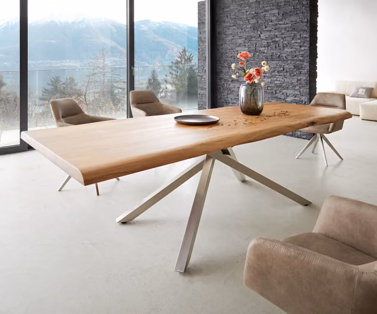 DELIFE Eettafel Edge Live-Edge Acacia en Roestvrij Staal, Bruin/Zilver, B/D/H: 260 x 100 x 75,5 cm