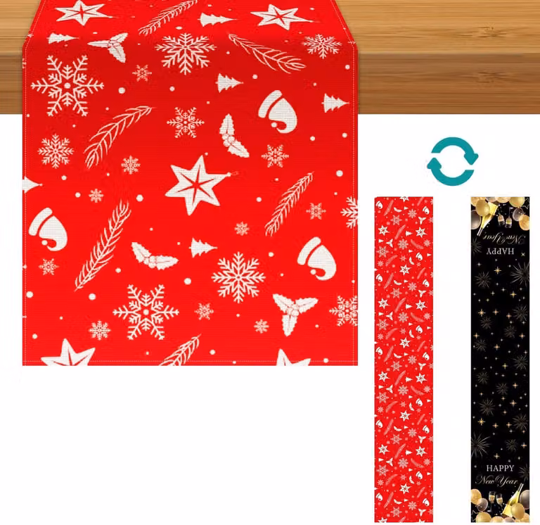 Dubbelzijdige tafelrunner voor Kerstmis en Nieuwjaar, 183 x 33 cm, winterse decoratie voor de keuken en eettafel