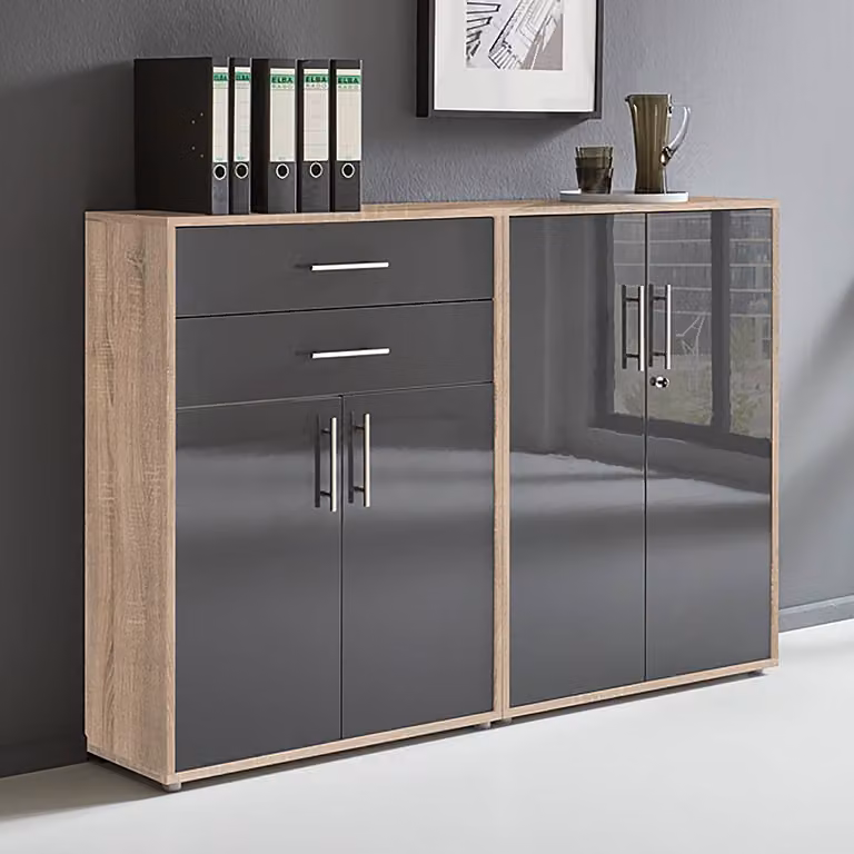home24 Kastenset 2-delig Set A, Bruin/Sonoma Eikenlook en Antraciet Hoogglans, B/D/H: 114 x 33 x 85 cm