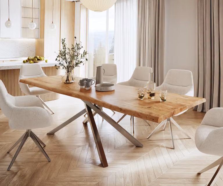 DELIFE Eettafel Edge Live-Edge Acacia en Roestvrij Staal, Bruin/Zilver, B: 280 cm, D: 100 cm, H: 75,5 cm