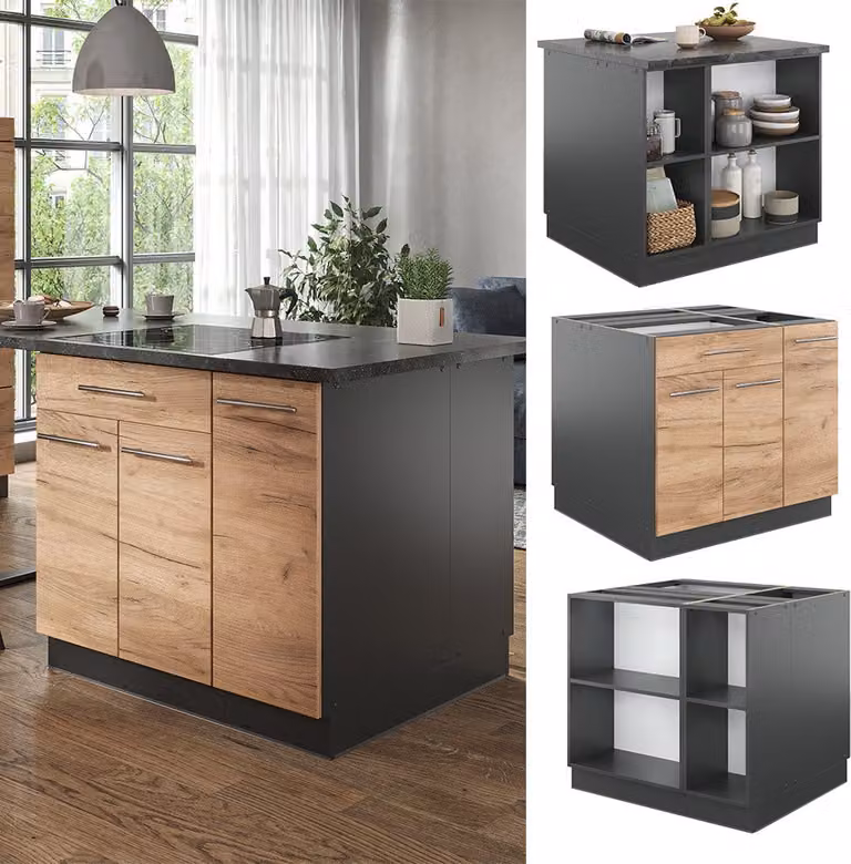 Keukeneiland Vicco Fame-Line Eik goud/antraciet 90 cm met lade, zonder werkblad, Model 38714