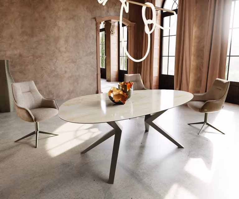DELIFE Edge ovale eetkamertafel met keramisch blad in beige en goud, B/D/H: 220 x 120 x 76 cm