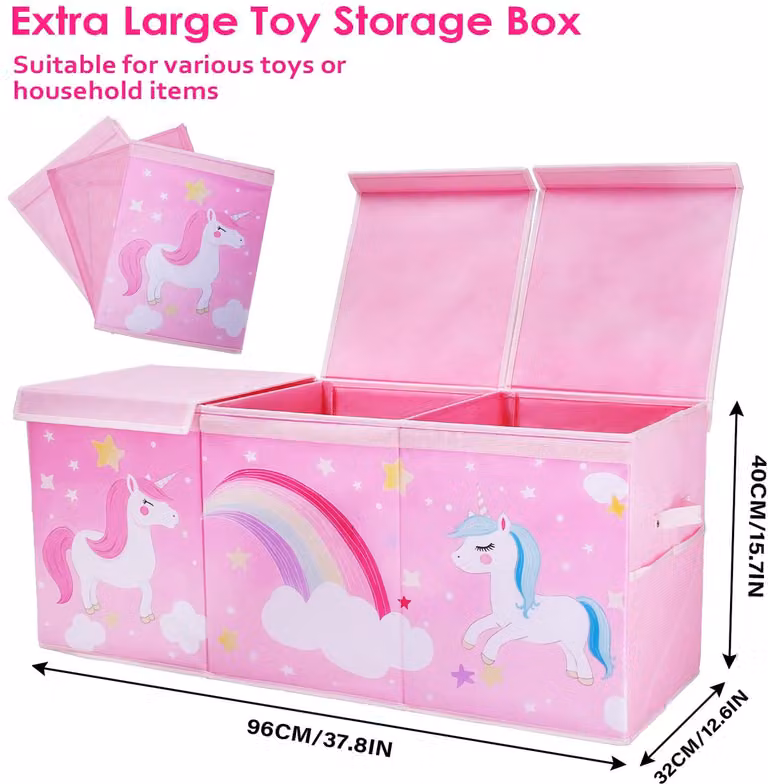 SnelShoppen Eenhoorn Kinderspeelgoedopbergdoos met Deksel en Gaasvakken - Opvouwbaar - B/D/H: 96 x 32 x 40 cm