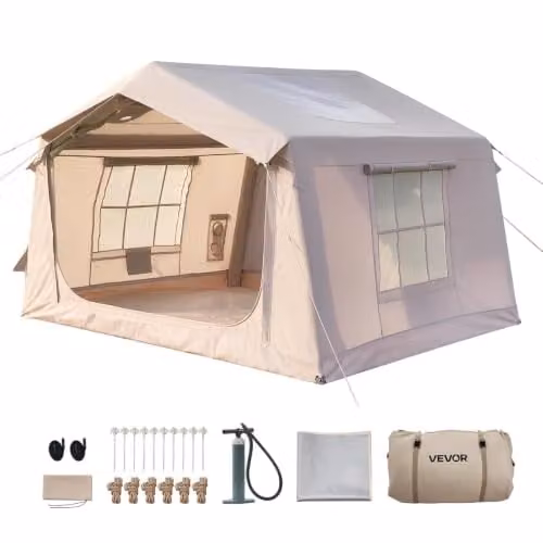 VEVOR Opblaasbare tent voor 2-4 personen met pomp, beige, waterdicht 420D Oxford-weefsel met dakluikje en stopcontact voor open haard