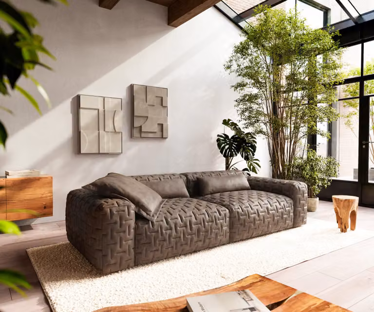 DELIFE Freestyle Icon Grote bank met microvezel en houten frame, Beige, B: 280 cm, D: 110 cm
