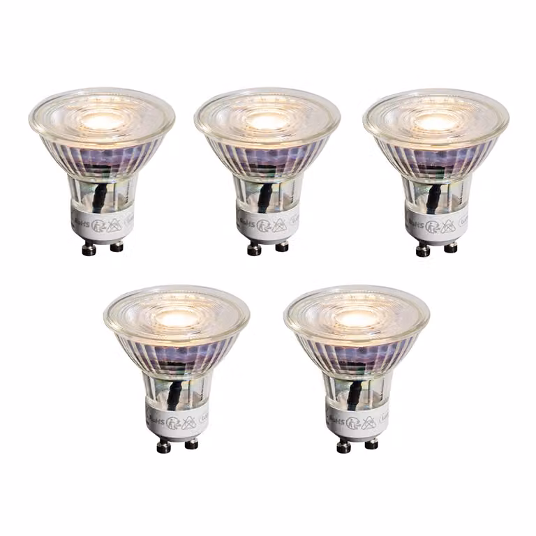 LUEDD Set van 5 GU10 LED lampen, 3.5W, 330 lm, 3000K warm wit, transparant glas