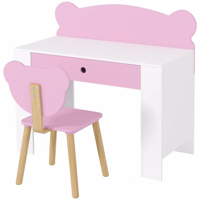 AIYAPLAY Kinderbureau Set met Stoel in Berenvorm met Opberglade, Roze